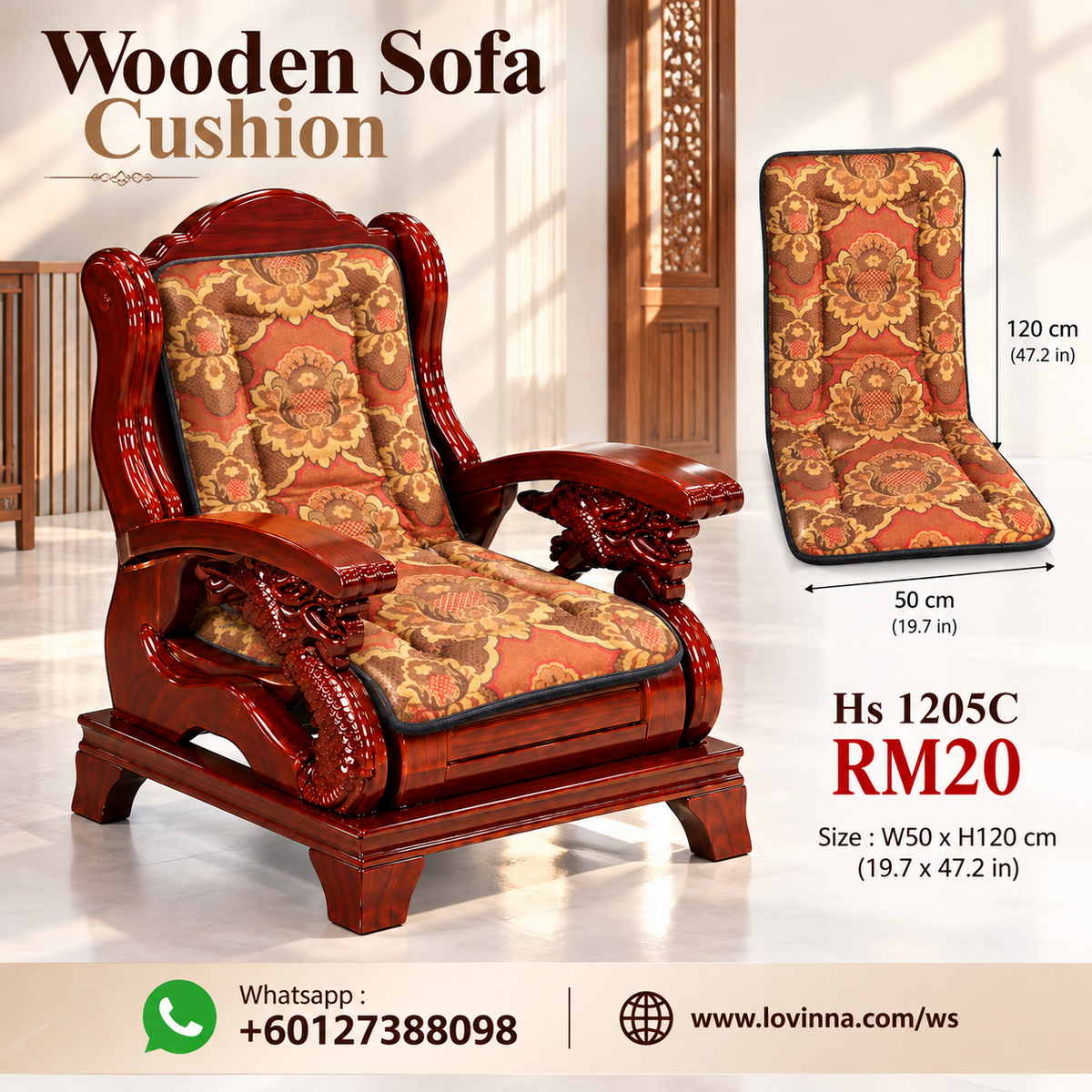 Wooden sofa cushion with floral fabric pattern, padded backrest and seat, designed for traditional solid wood sofa chairs