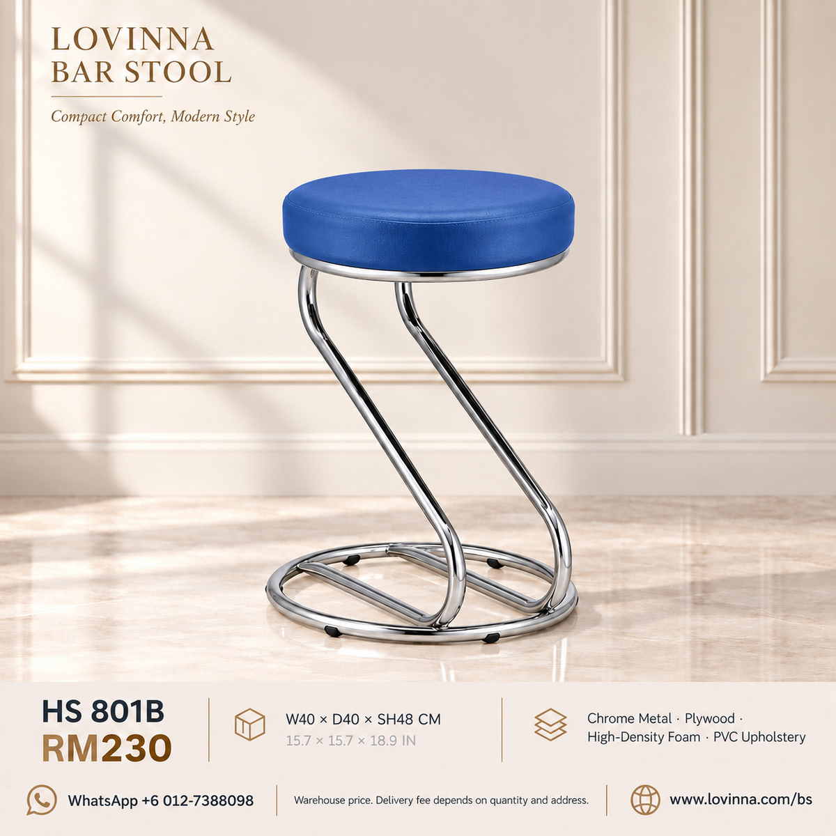 Lovinna HS 801B modern blue round cushioned bar stool with a chrome metal curved frame and circular base, W40 × D40 × SH48 cm