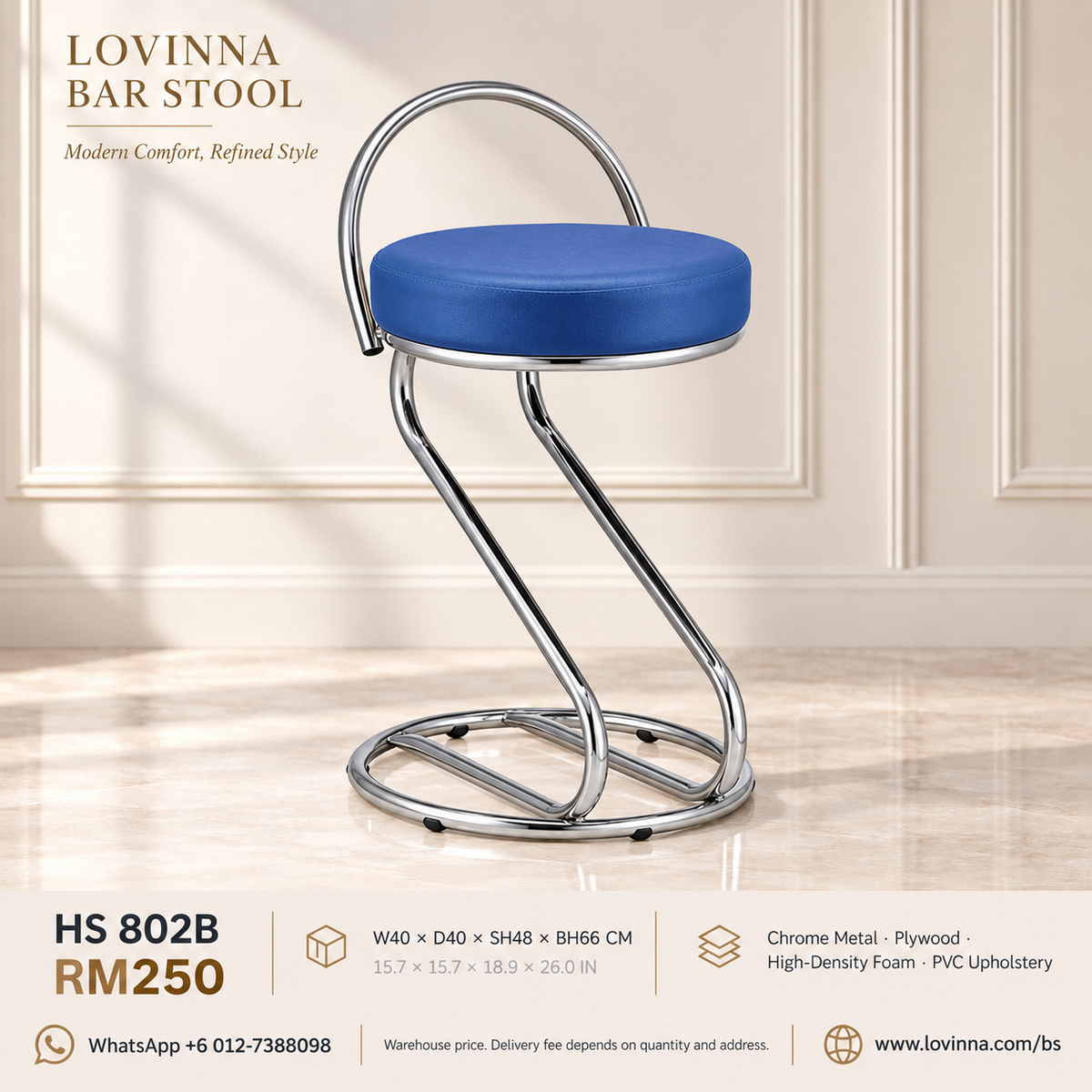 Lovinna HS 802B modern blue PVC upholstered bar stool with chrome metal frame, round backrest and high-density foam seat, RM250