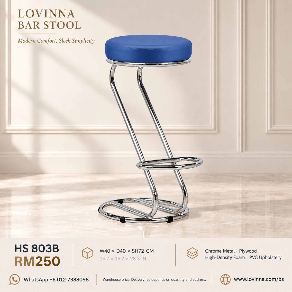 Lovinna HS 803B PVC upholstered chrome metal bar stool with footrest, W40 x D40 x SH72 cm