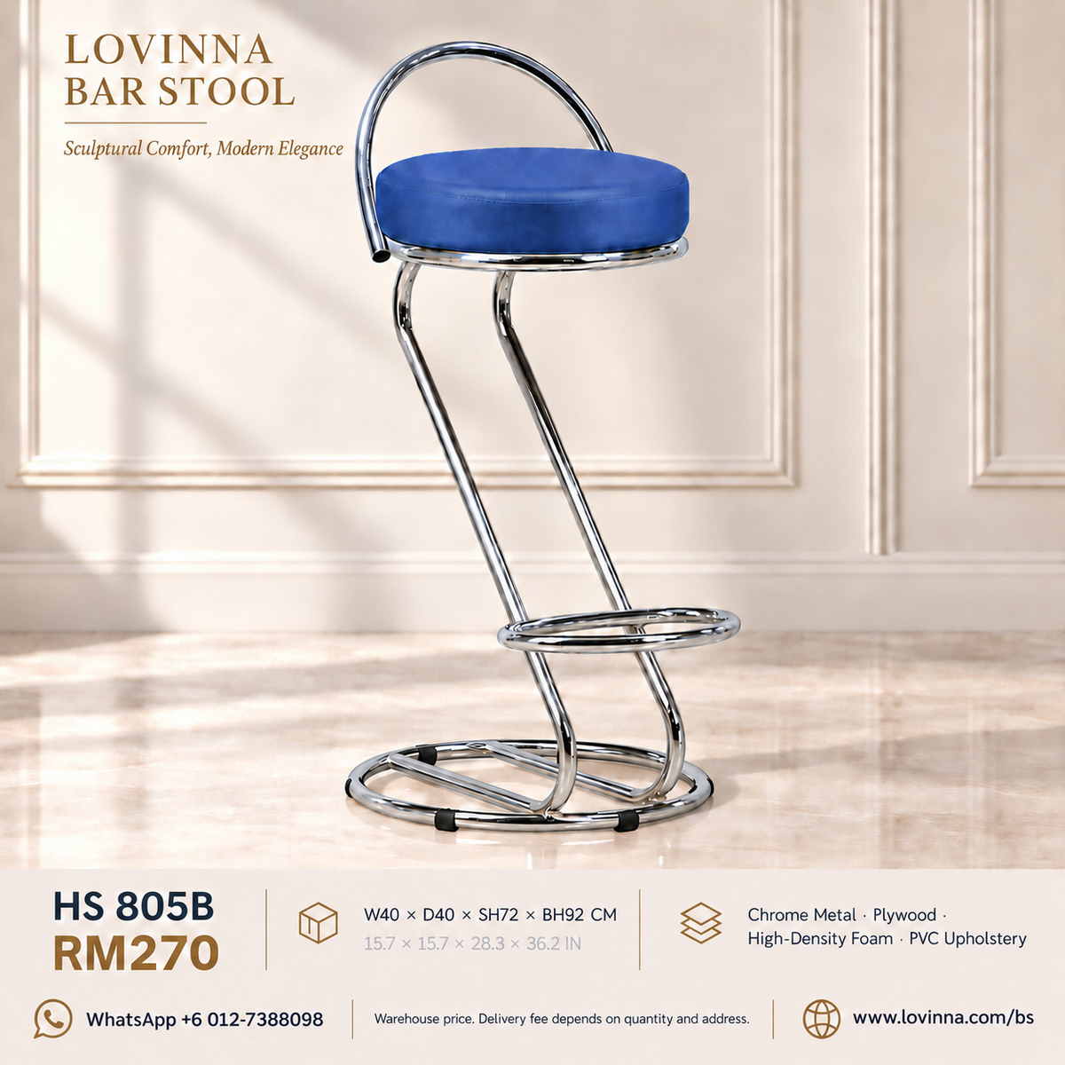 Lovinna HS 805B PVC upholstered bar stool with chrome metal frame, curved backrest and circular footrest