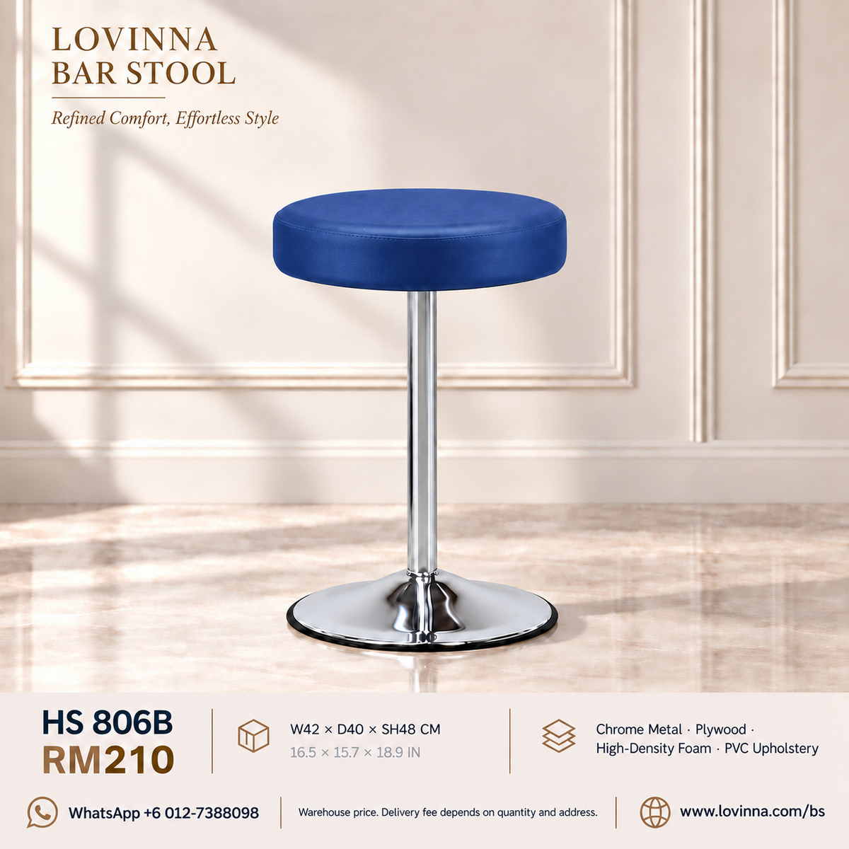 Lovinna HS 806B round PVC upholstered bar stool with chrome pedestal base, 48cm seat height