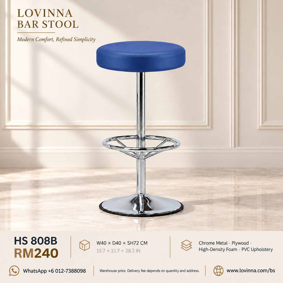 Lovinna HS 808B backless PVC upholstered bar stool with chrome metal frame, circular footrest and round base