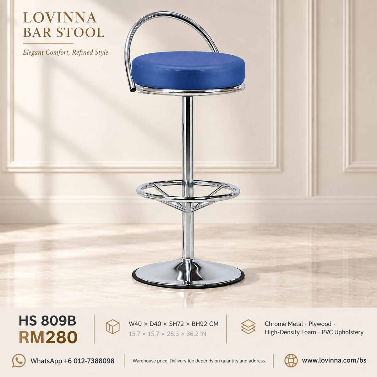 Lovinna HS 809B PVC upholstered bar stool with chrome metal frame, circular footrest and round base