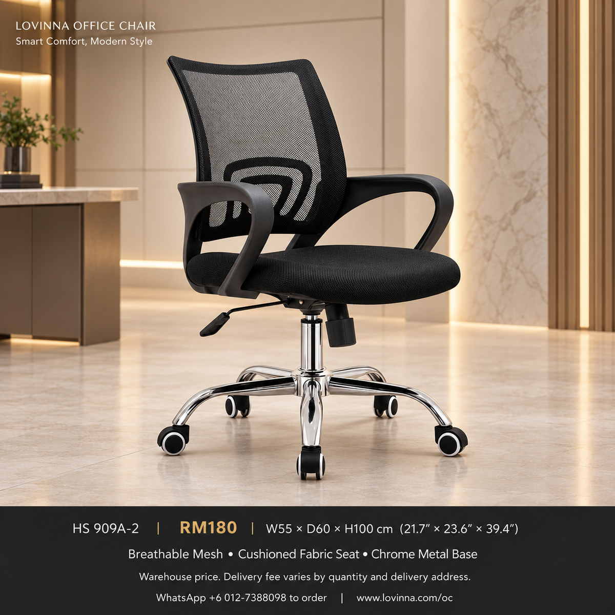 Black ergonomic mesh office chair with curved armrests, adjustable seat height, chrome five-star base and caster wheels