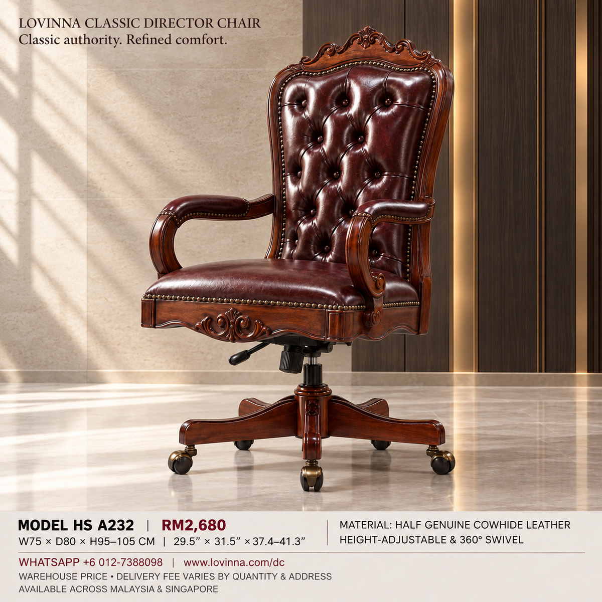 Lovinna Classic Director Chair HS A232 with dark brown half-genuine cowhide leather upholstery, carved solid wood frame, adjustable height and 360-degree swivel