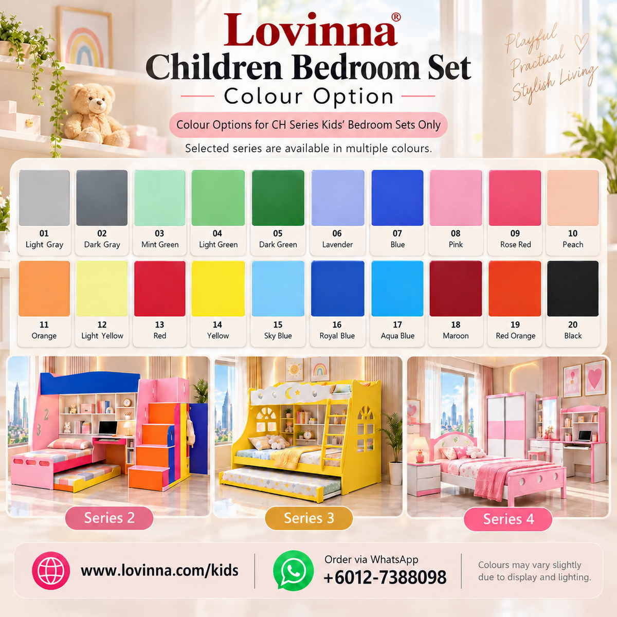 Lovinna CH Series Kids Bedroom Set Colour Options – 20 colours available for Series 2, 3 and 4 children's bedroom furniture, including bunk beds, study desks, wardrobes and storage units in modern colourful designs, Malaysia and Singapore.