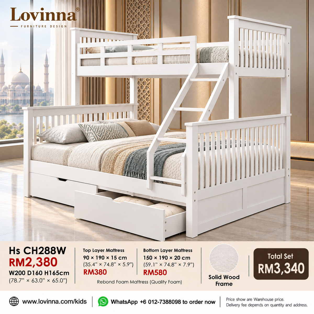 Lovinna HS CH288W White Solid Wood Triple Sleeper Bunk Bed with Storage Drawers, Single Top and Double Bottom Bed, Modern Kids Bedroom Furniture, 200 x 160 x 165 cm, Malaysia and Singapore