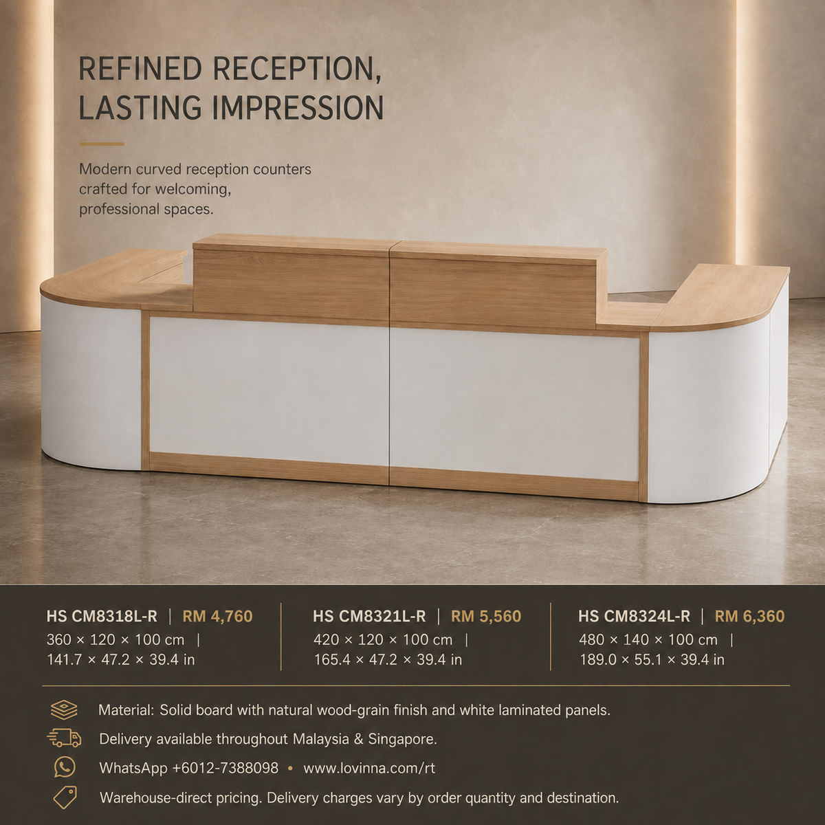 Reception counter with minimalist elegance, creating a neat and polished office entrance