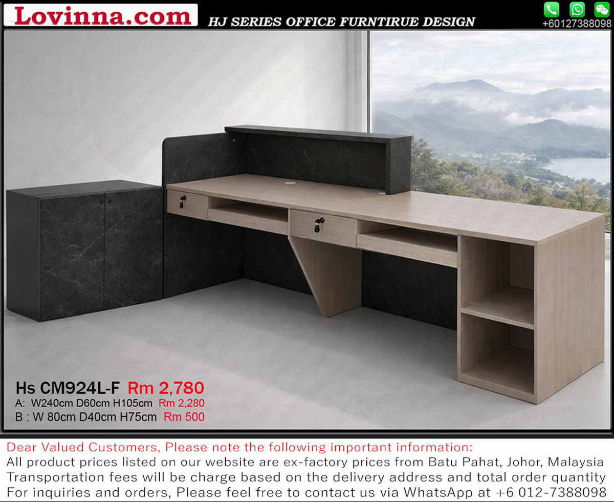 modern reception counter desk with side cabinet, minimalist interior setting, refined business environment, spacious working area, organized storage design, comfortable and sophisticated office ambience