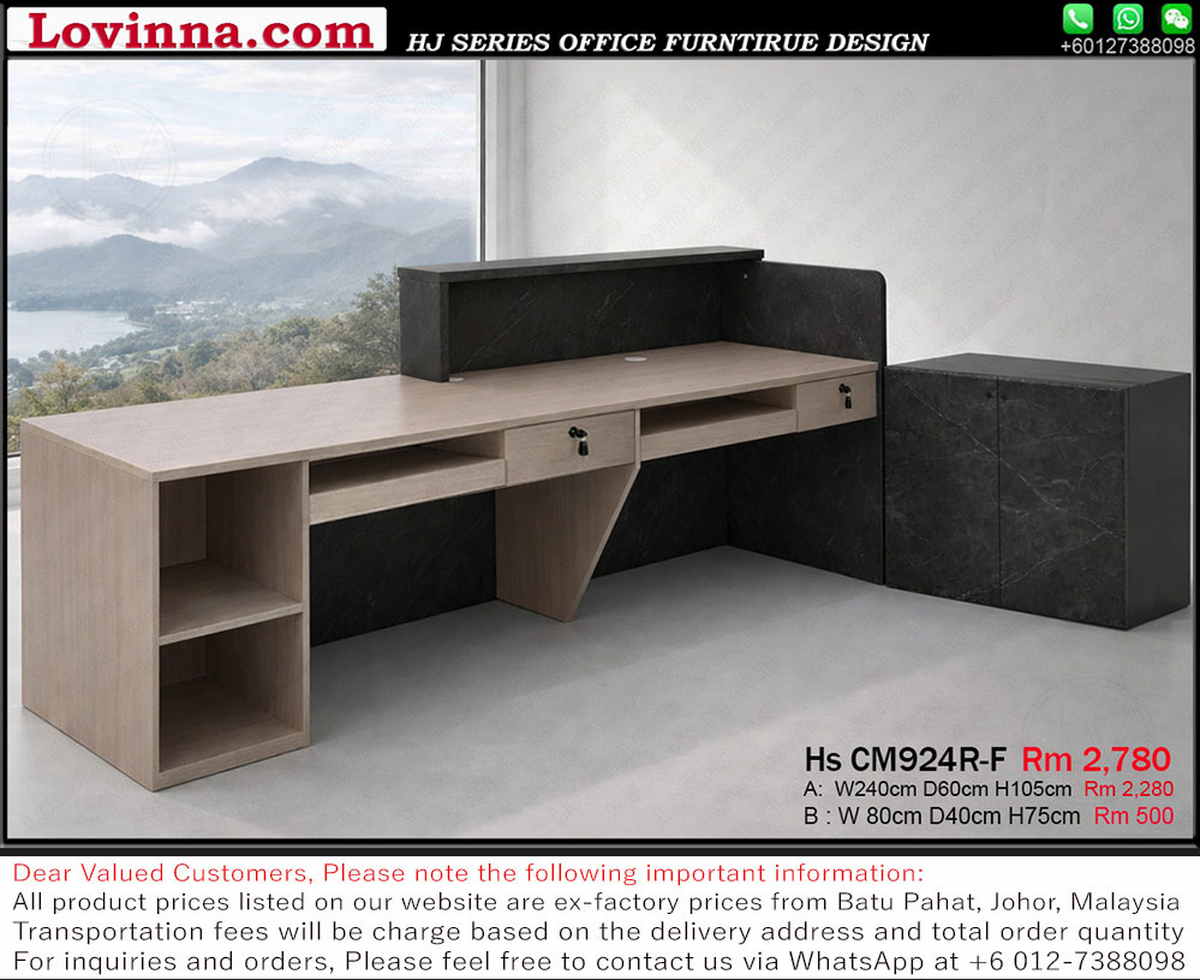 luxury executive office desk setup with integrated storage cabinet, modern workspace near window view, elegant professional atmosphere, clean layout, functional drawers and shelves, premium office presence