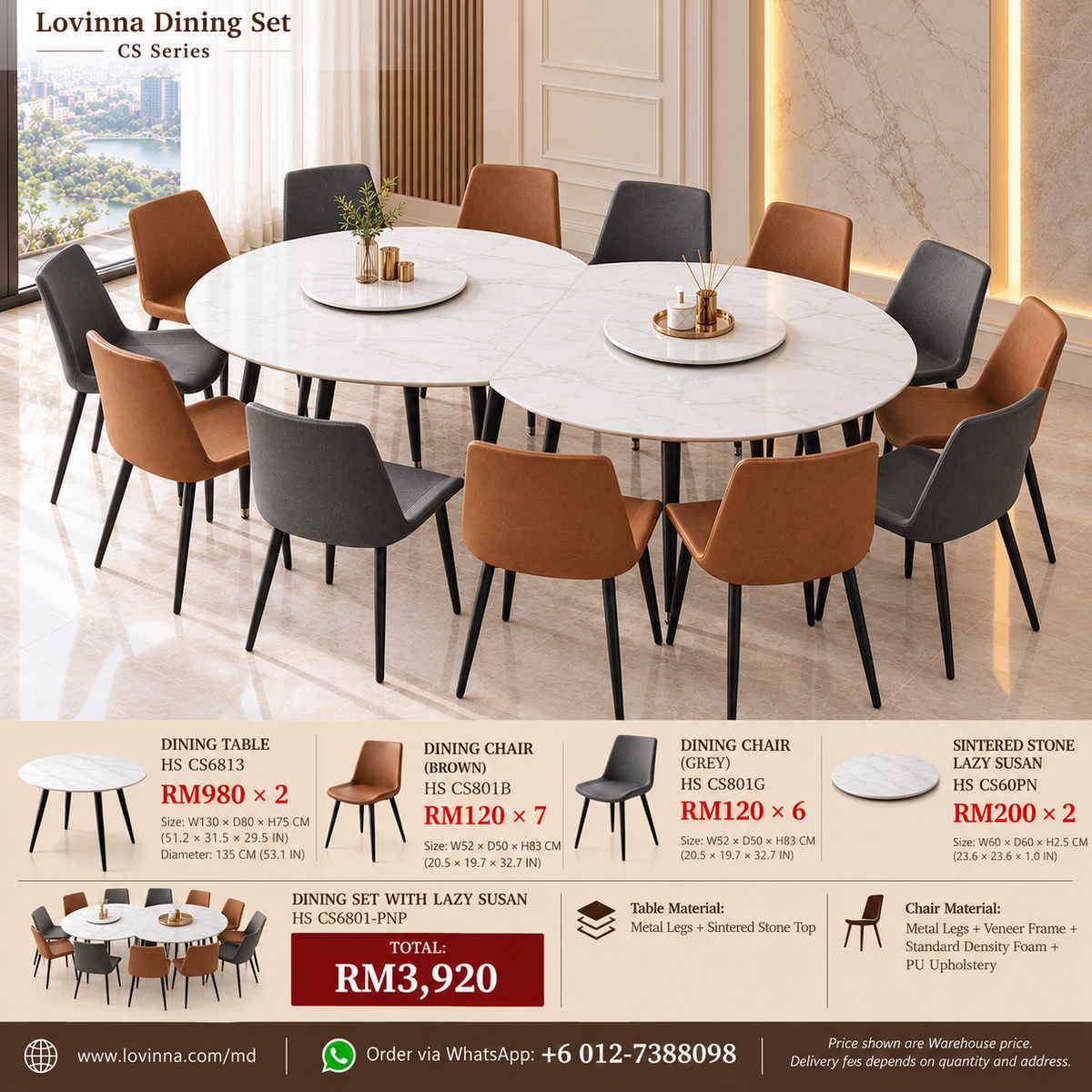 Lovinna HS CS6801-PNP luxury sintered stone dining set with two marble-look dining tables, two Lazy Susans and 13 brown and grey PU upholstered dining chairs with metal legs and veneer-finished frames, elegant modern dining room, suitable for homes, restaurants and luxury dining spaces in Malaysia and Singapore.