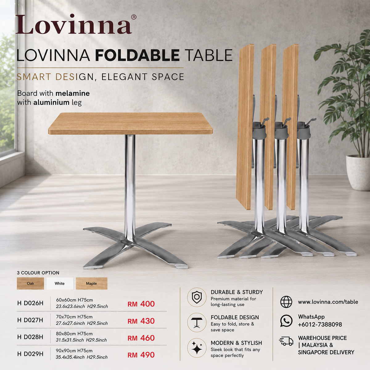 Contemporary Solid Board Top Aluminium Base Table with Foldable Mechanism arranged in a stylish hospitality environment, enhancing a sophisticated, practical and well-organized ambiance for versatile everyday use