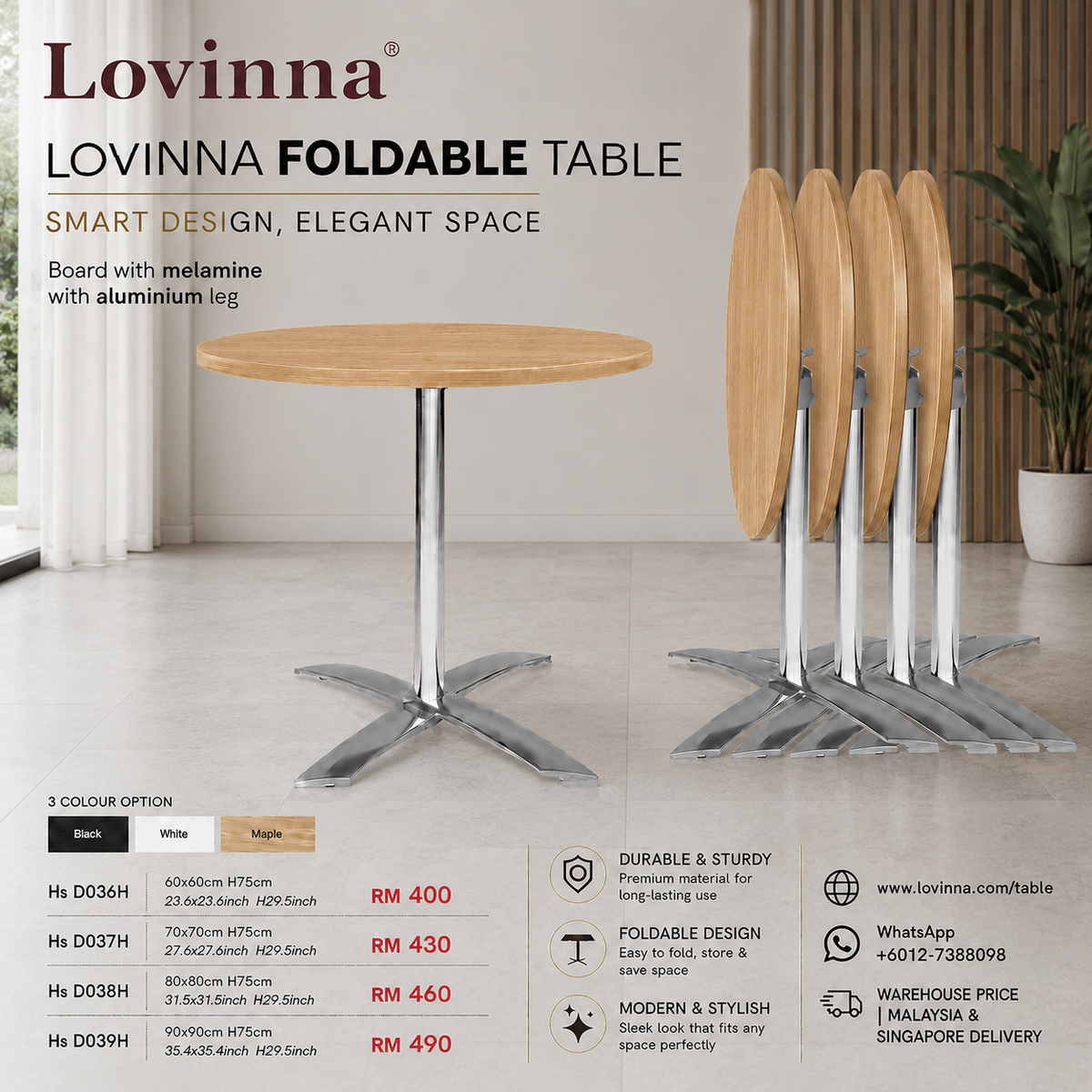 Modern Solid Board Top Aluminium Base Table with Foldable Mechanism placed in a refined caf�� setting, creating a flexible, elegant and welcoming atmosphere for efficient space use and comfortable dining