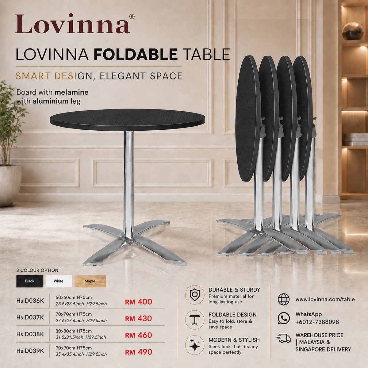 Contemporary Solid Board Top Aluminium Base Table with Foldable Mechanism arranged in a stylish hospitality environment, enhancing a sophisticated, practical and well-organized ambiance for versatile everyday use