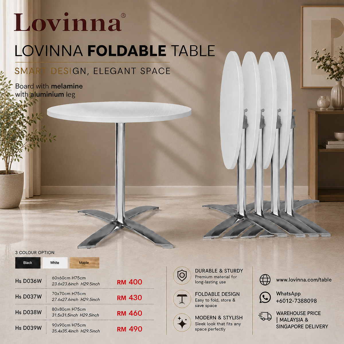 Contemporary Solid Board Top Aluminium Base Table with Foldable Mechanism arranged in a stylish hospitality environment, enhancing a sophisticated, practical and well-organized ambiance for versatile everyday use