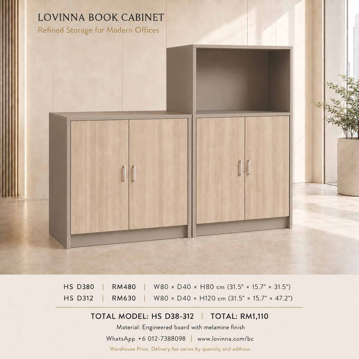 Sophisticated book cabinet styled in a bright office interior delivering a calm and composed ambiance