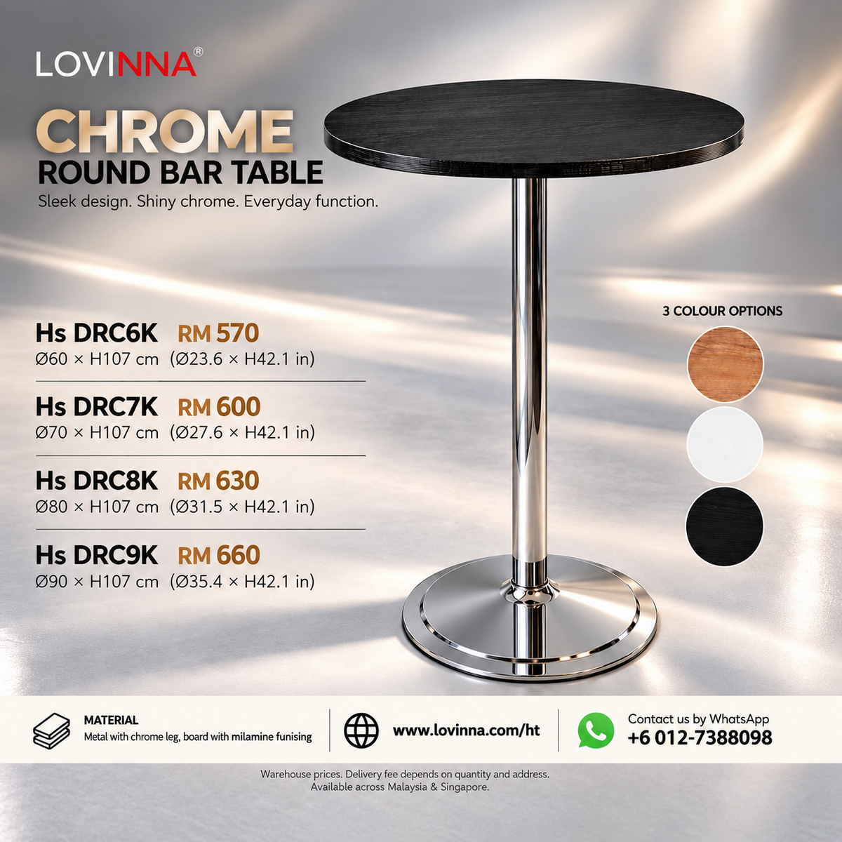 Lovinna DRC chrome round bar table with melamine top for cafe and commercial use in Malaysia
