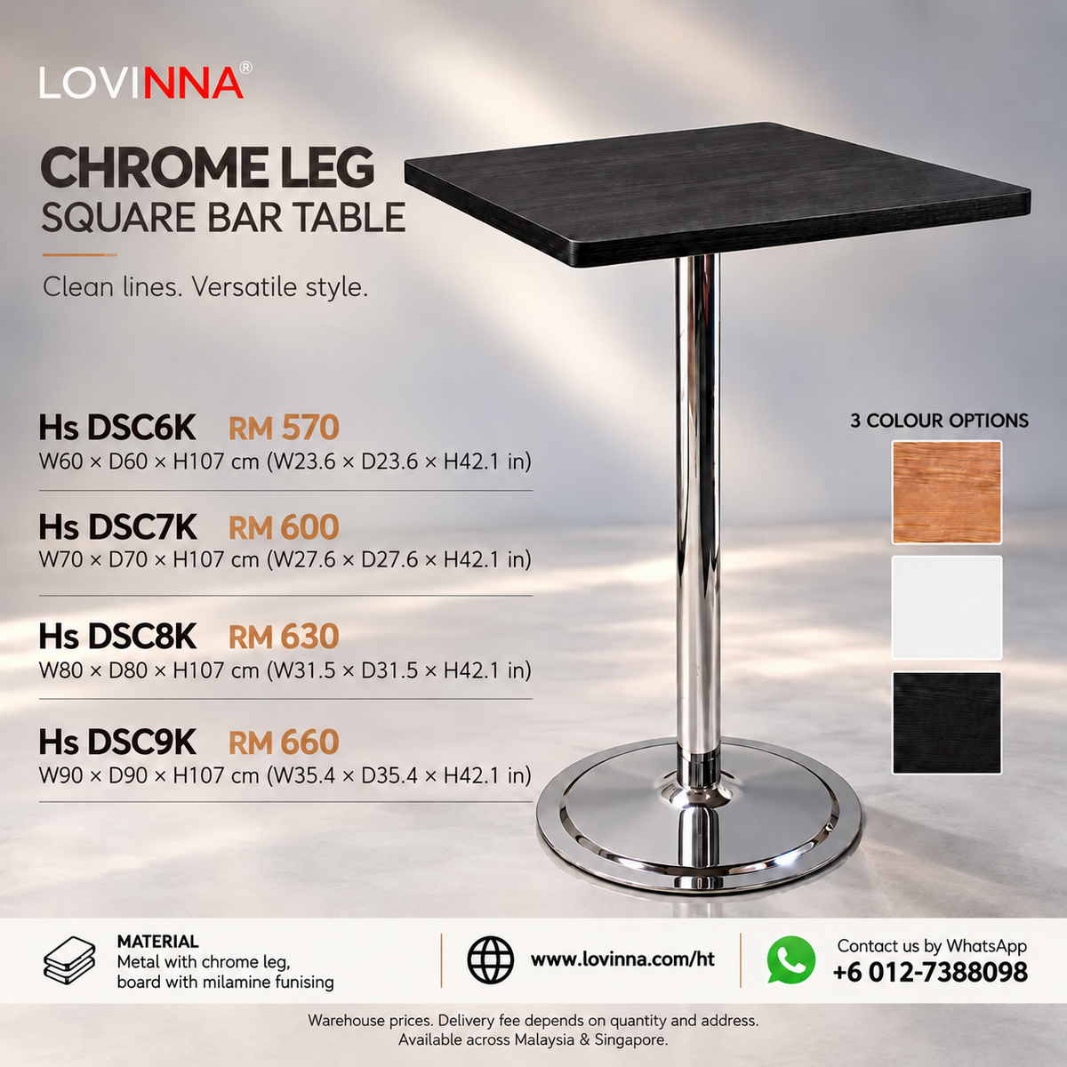 Lovinna chrome leg square bar table with melamine board top in Malaysia, DSC Series