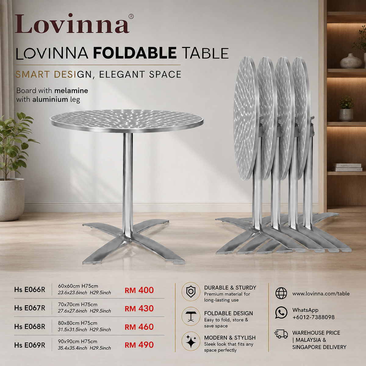 Modern Solid Board Top Aluminium Base Table with Foldable Mechanism placed in a refined caf�� setting, creating a flexible, elegant and welcoming atmosphere for efficient space use and comfortable dining