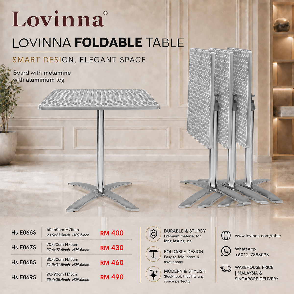 Contemporary Solid Board Top Aluminium Base Table with Foldable Mechanism arranged in a stylish hospitality environment, enhancing a sophisticated, practical and well-organized ambiance for versatile everyday use