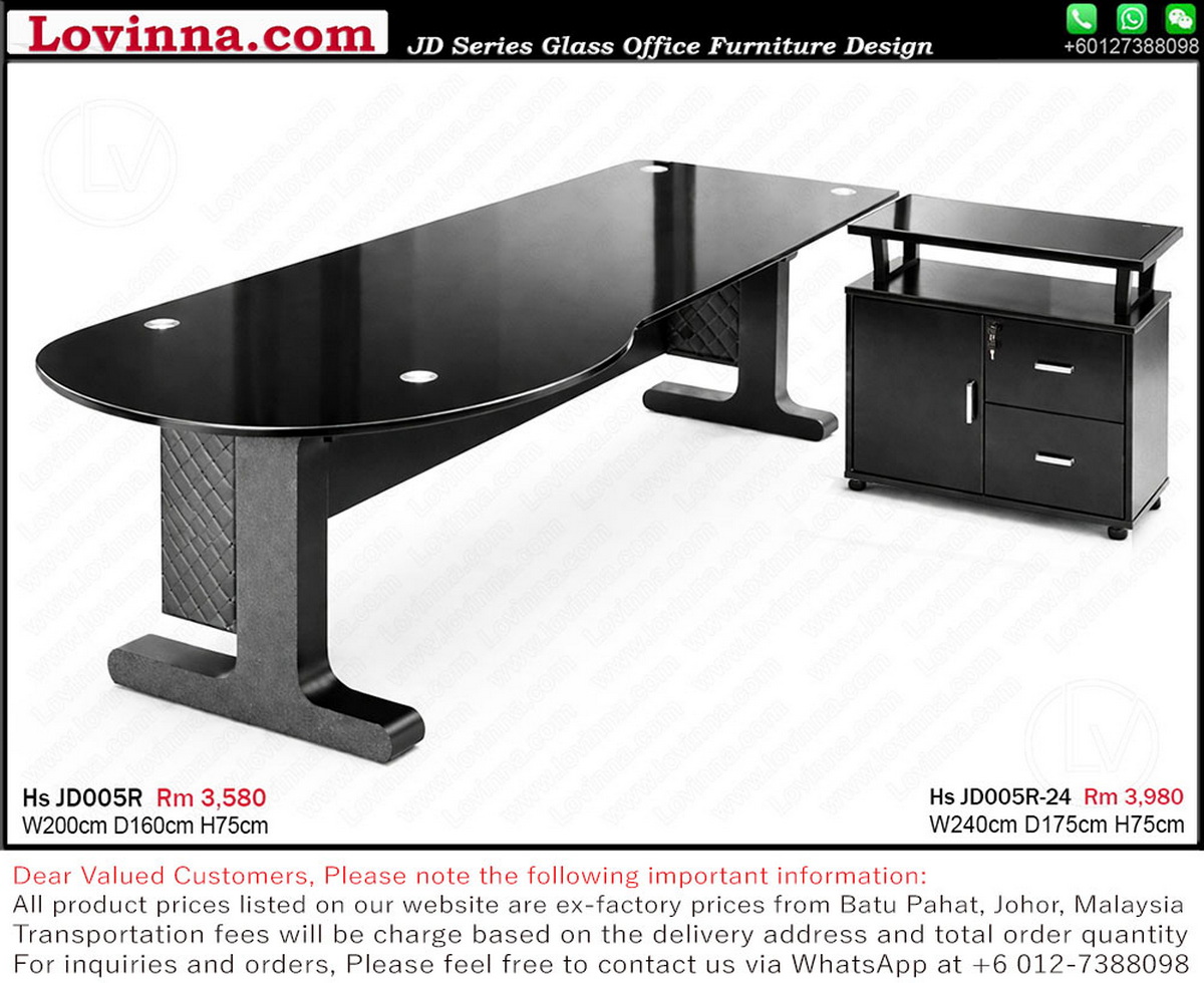black glass office desk with side cabinet