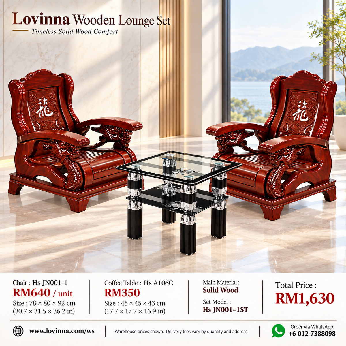 Lovinna Hs JN001-1 solid wood lounge chair set with glass coffee table Malaysia