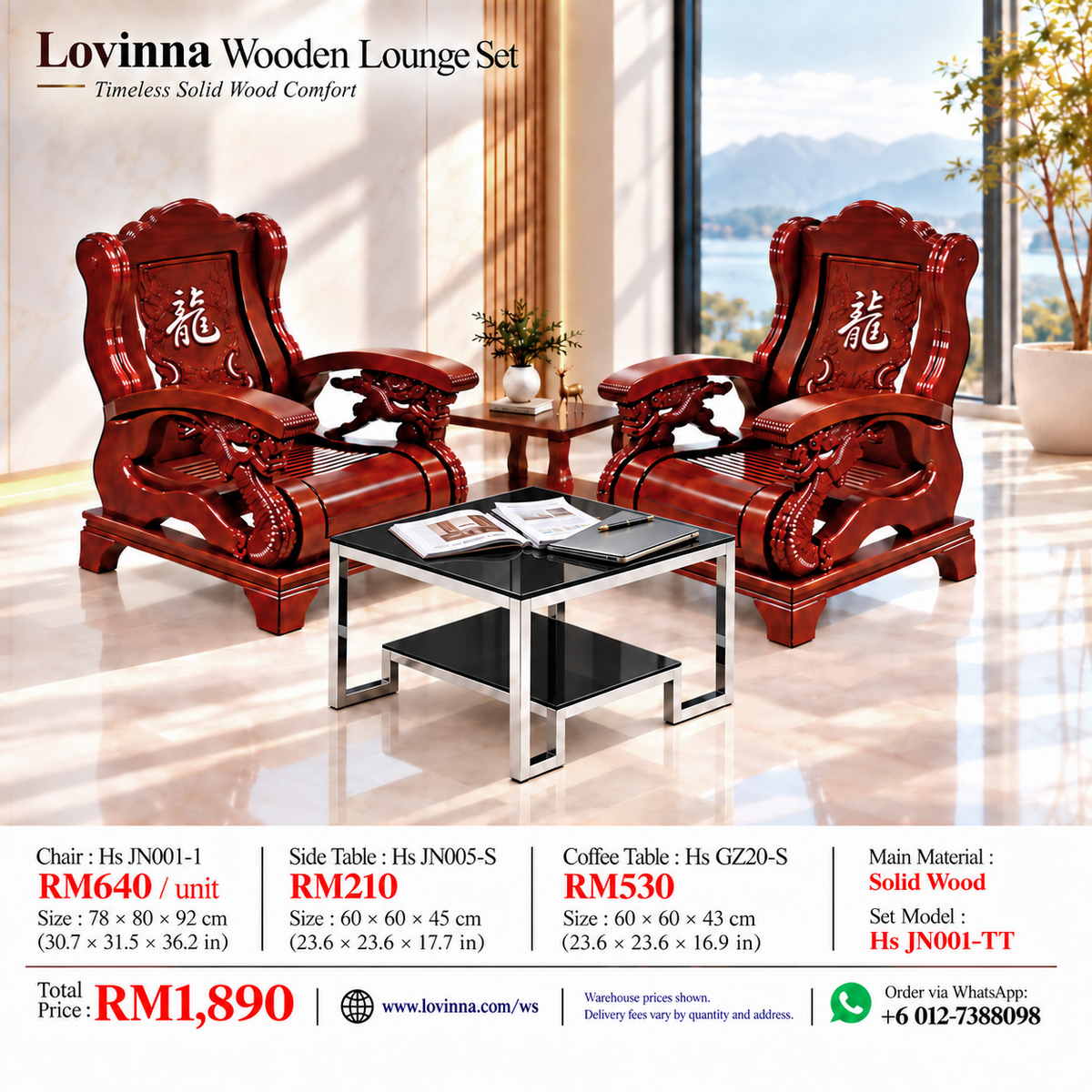 Lovinna HS JN001-TT solid wood wooden sofa lounge set with two carved dragon armchairs, side table and coffee table