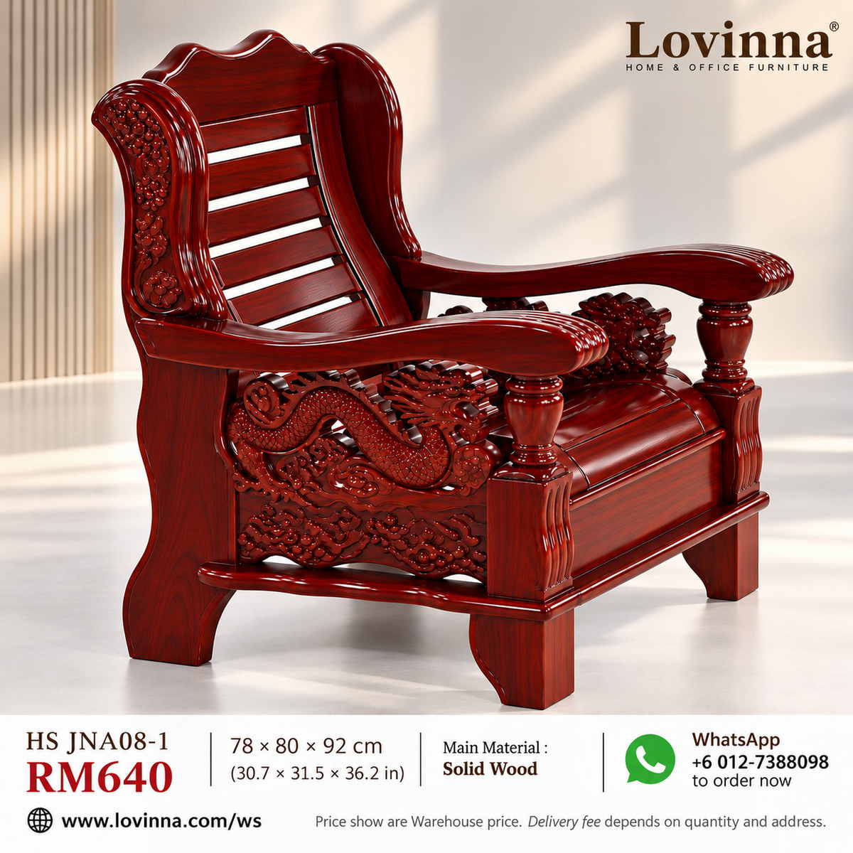 Lovinna HS JNA08-1 single-seater solid wood wooden sofa featuring detailed dragon carving along the side panel and classic slatted backrest