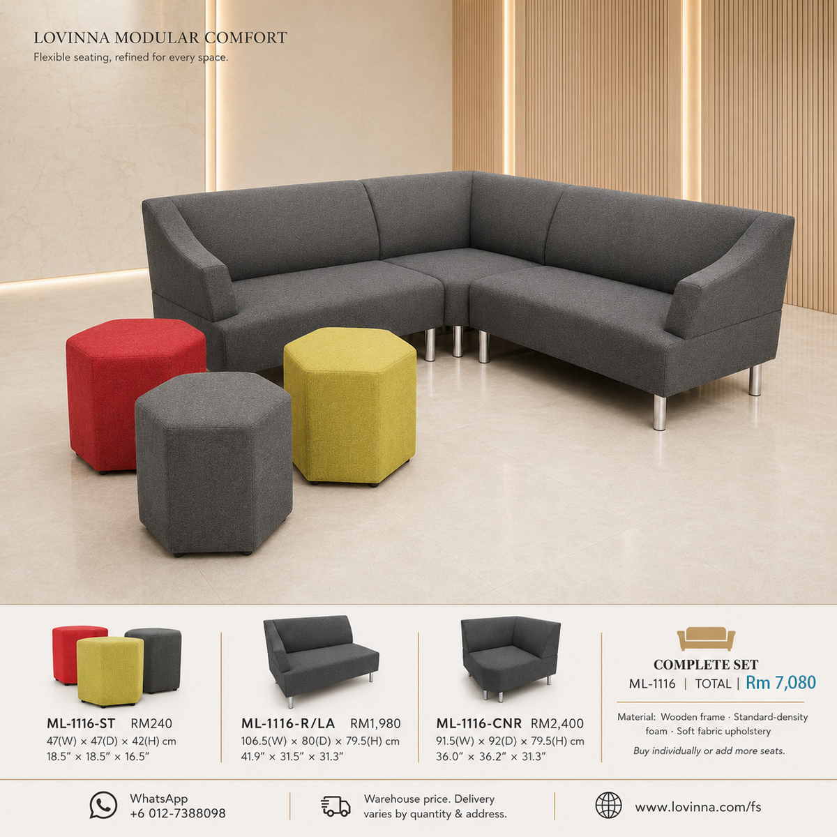 Lovinna ML-1116 modular grey fabric corner sofa set with colourful stools, wooden frame and standard-density foam