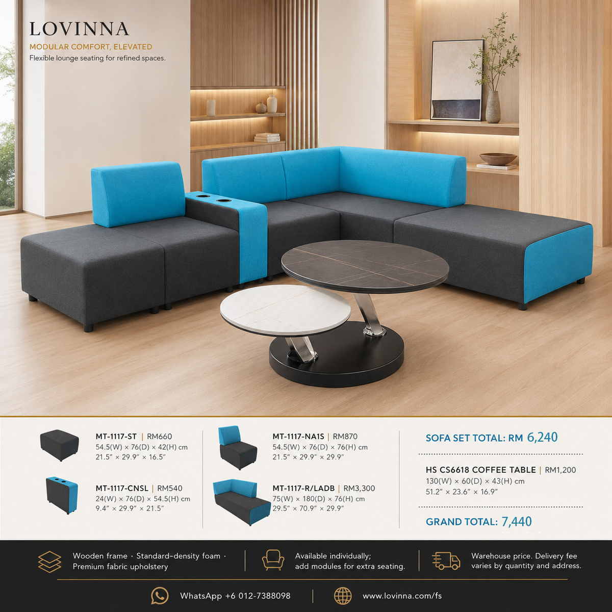 Lovinna modular fabric sofa set with coffee table in a luxury modern interior