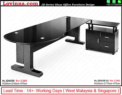 black glass office desk with side cabinet