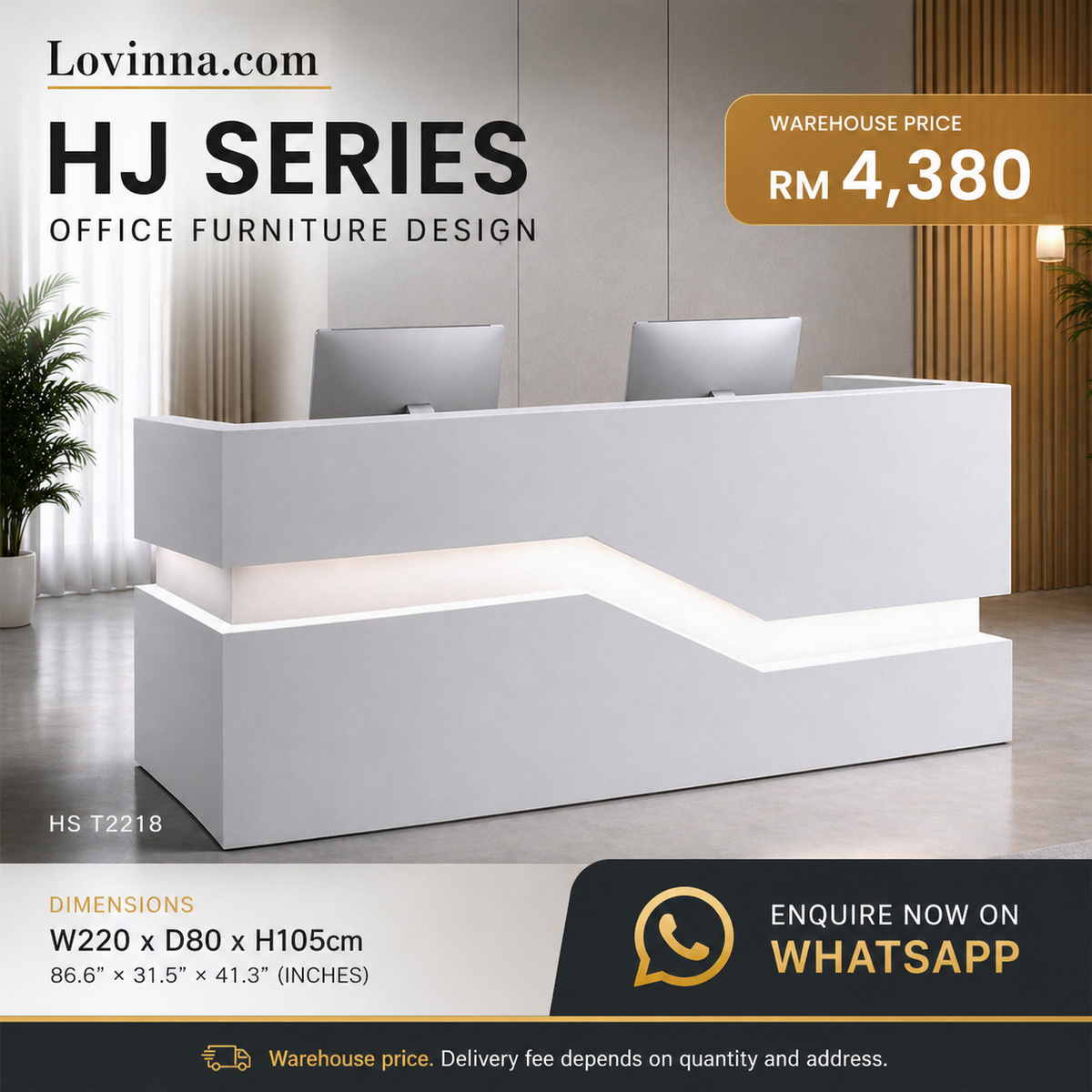 Elegant straight reception counter in a modern office lobby, clean minimalist design with soft lighting creating a welcoming and professional atmosphere