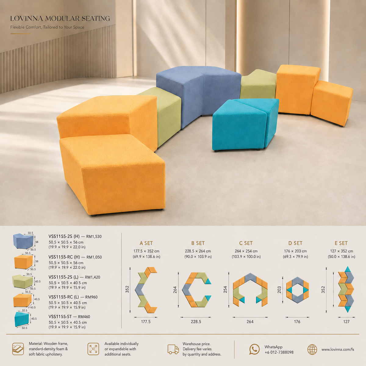 Lovinna contemporary modular seating in orange, blue, green and turquoise fabric upholstery