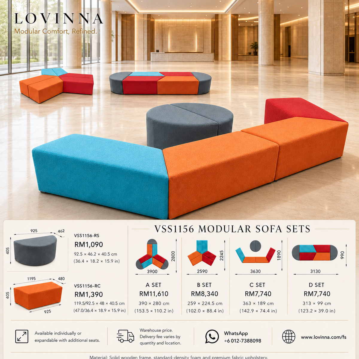 Lovinna modular sofa seating arranged in A, B, C, D and E set combinations