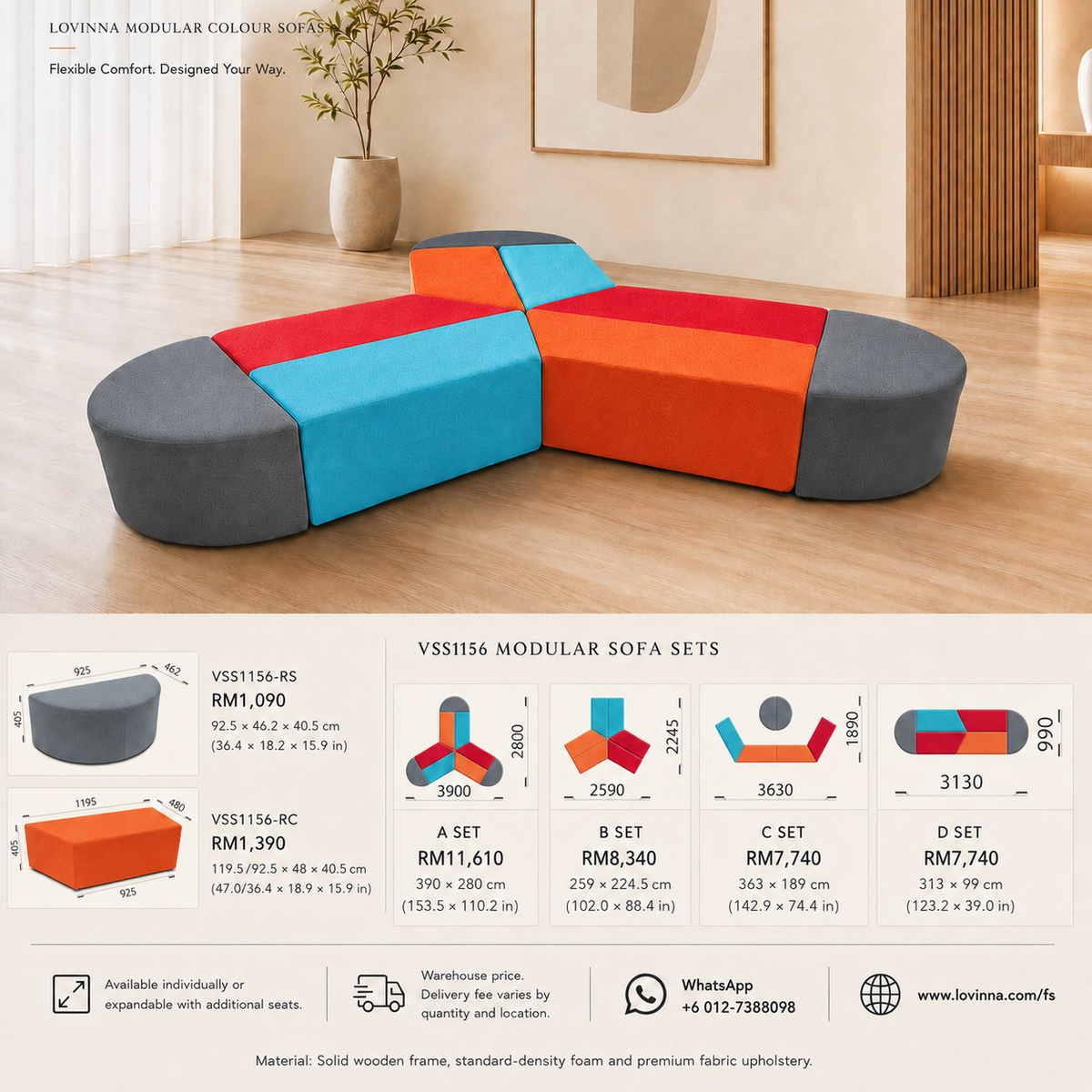 Lovinna colourful modular seating sets with flexible configurations for commercial and lounge spaces