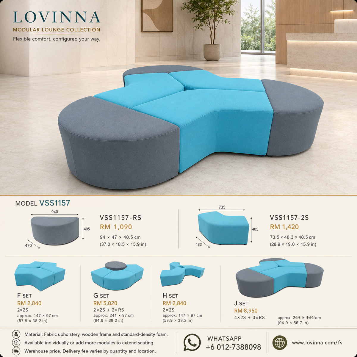 Lovinna modular sofa sets with flexible curved and straight seating configurations