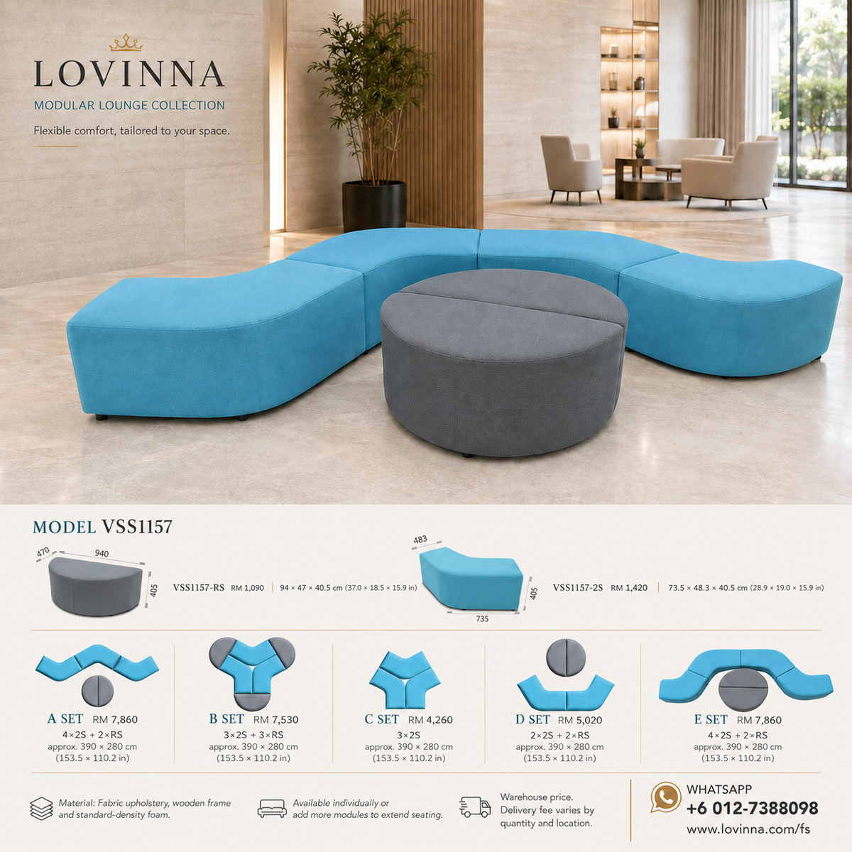 Lovinna premium fabric modular sofa with solid wooden frame and standard-density foam