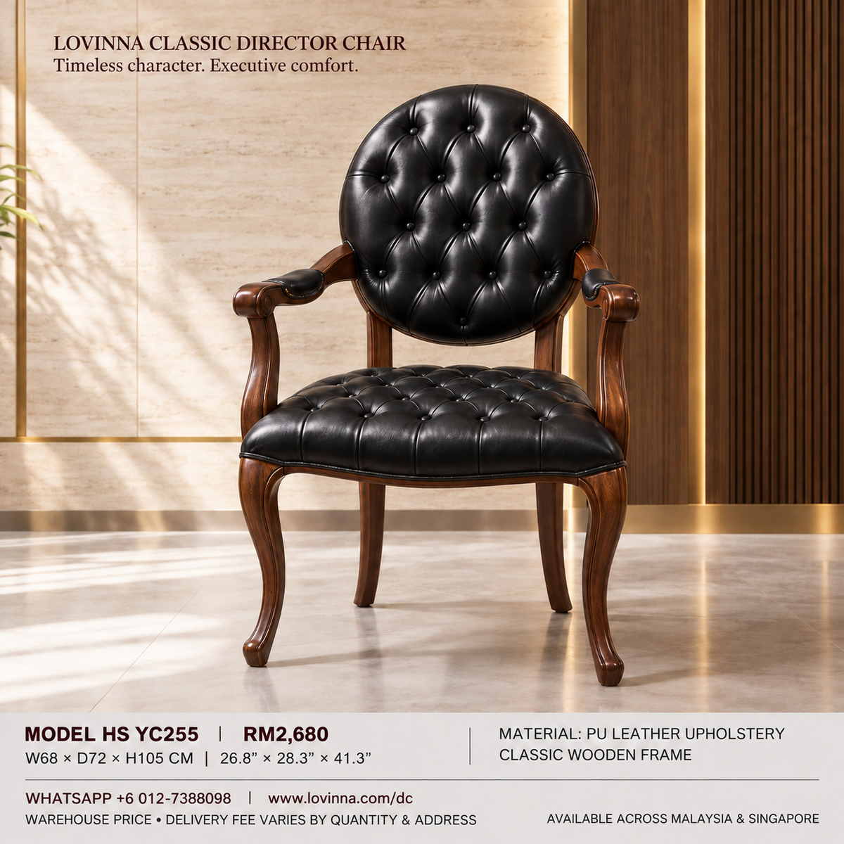 Classic black button-tufted leather armchair with a round backrest, padded seat and carved solid wood frame