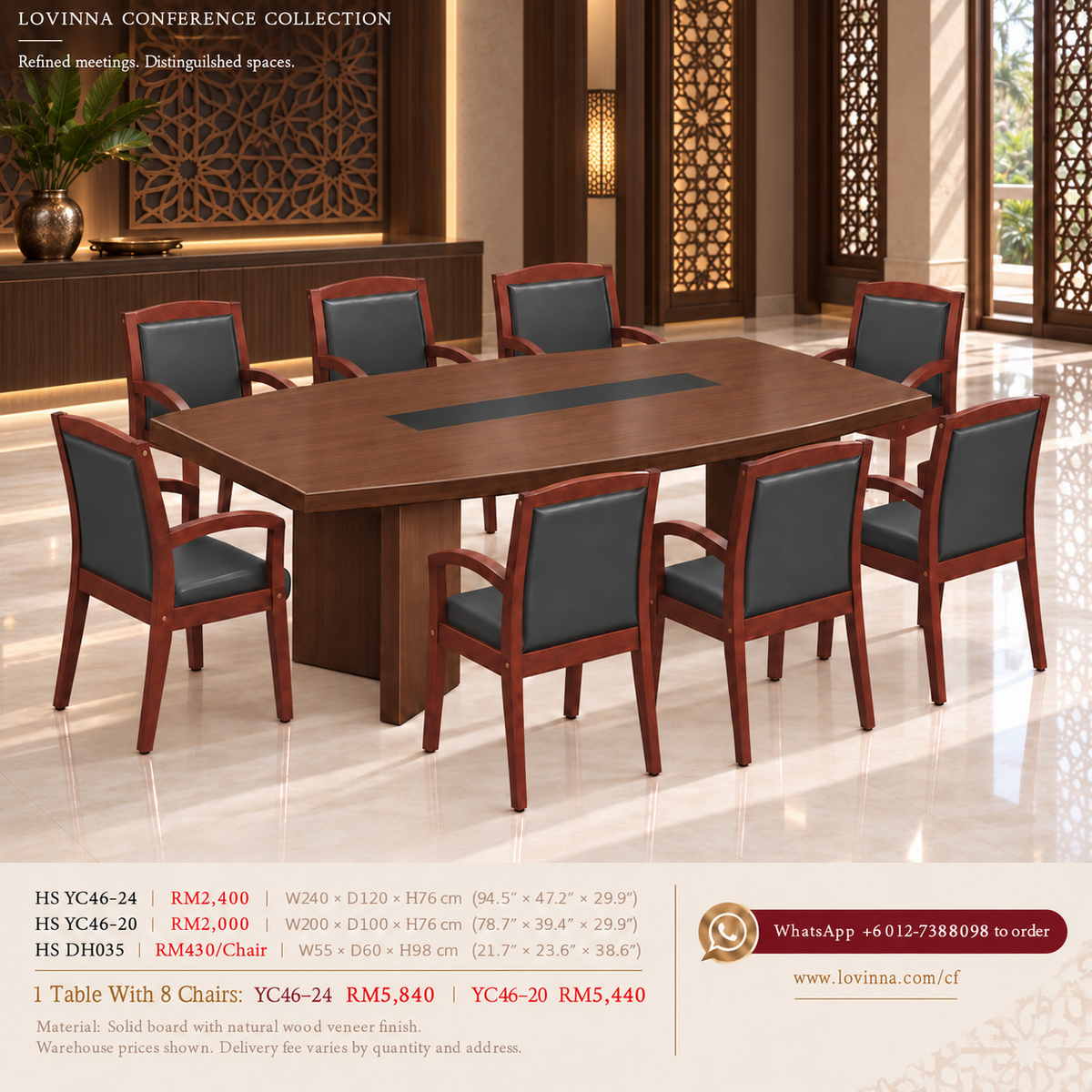 Walnut colour conference table HS YC46 with 8 red brown colour conference chairs HS DH035, available in 240 × 120 × 76 cm and 200 × 100 × 76 cm sizes