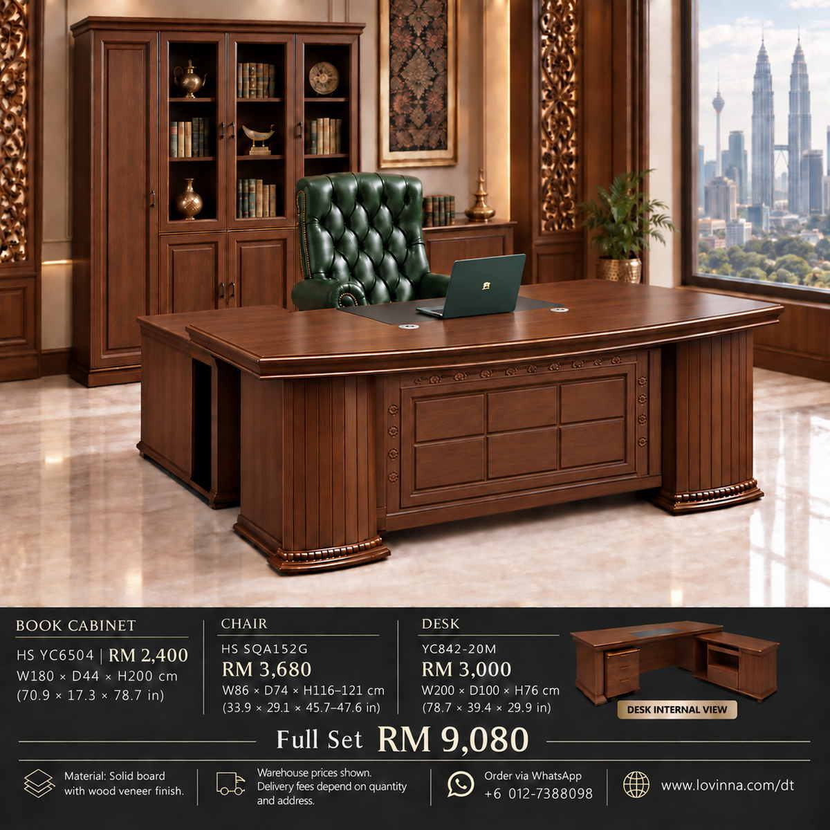 Classic walnut-colour director table with matching book cabinet and green leather executive chair
