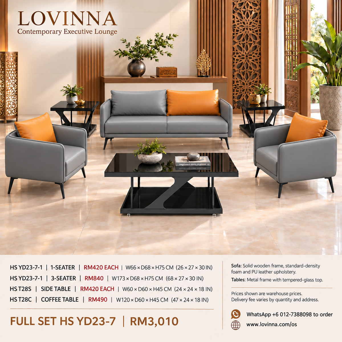 Lovinna HS YD23-7 grey PU leather office sofa set with orange cushions, two single-seater sofas, one three-seater sofa, black tempered-glass side tables and coffee table