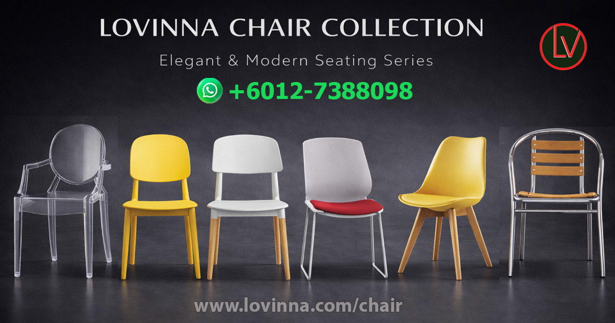 Lovinna modern chair collection displayed in a premium showroom setting, elegant mix of transparent, yellow, white, grey and wood-accent chairs arranged in a clean row, creating a refined, stylish and comfortable atmosphere perfect for office, dining or reception spaces, showcasing a balance of contemporary design, warmth and professional sophistication