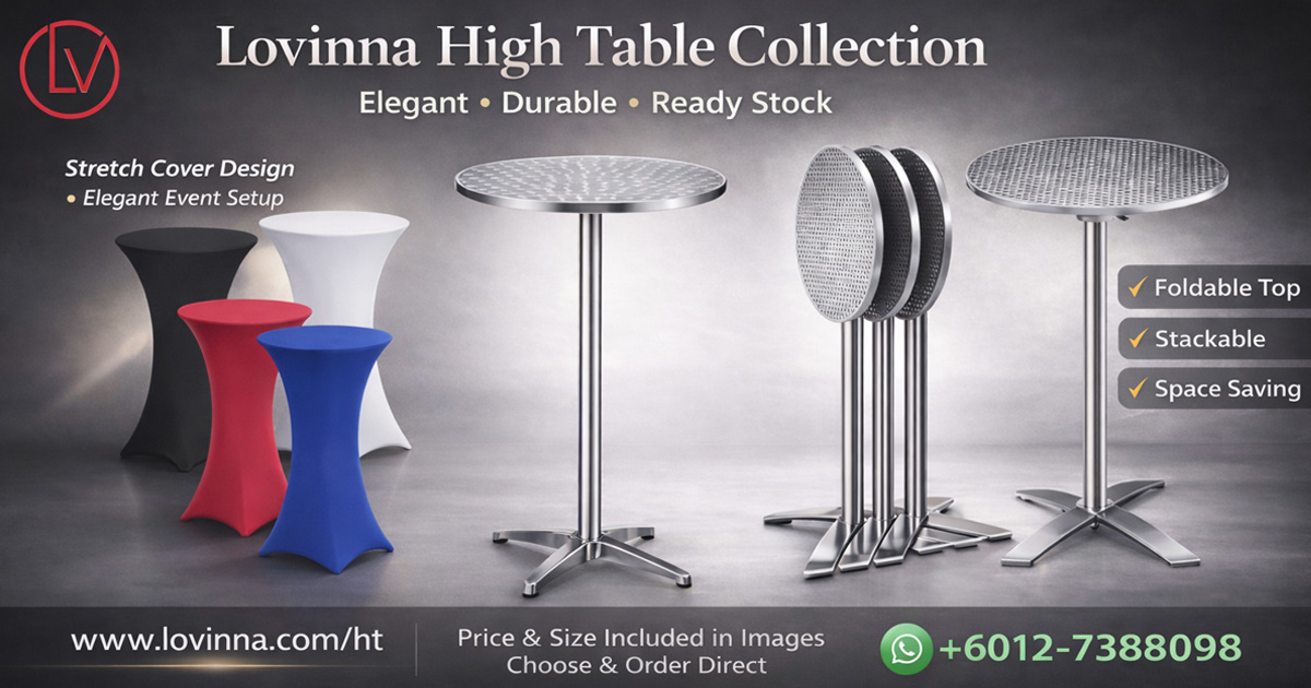 Elegant high cocktail tables arranged in a premium minimalist setting, featuring sleek metal finishes and stable cross-base design, paired with stretch cover styling options in multiple colors to create a refined event ambiance, ideal for receptions, cocktail parties and modern gatherings, offering foldable tops, stackable structure and space-saving convenience while maintaining a clean, comfortable and sophisticated atmosphere suitable for both indoor and semi-formal outdoor setups