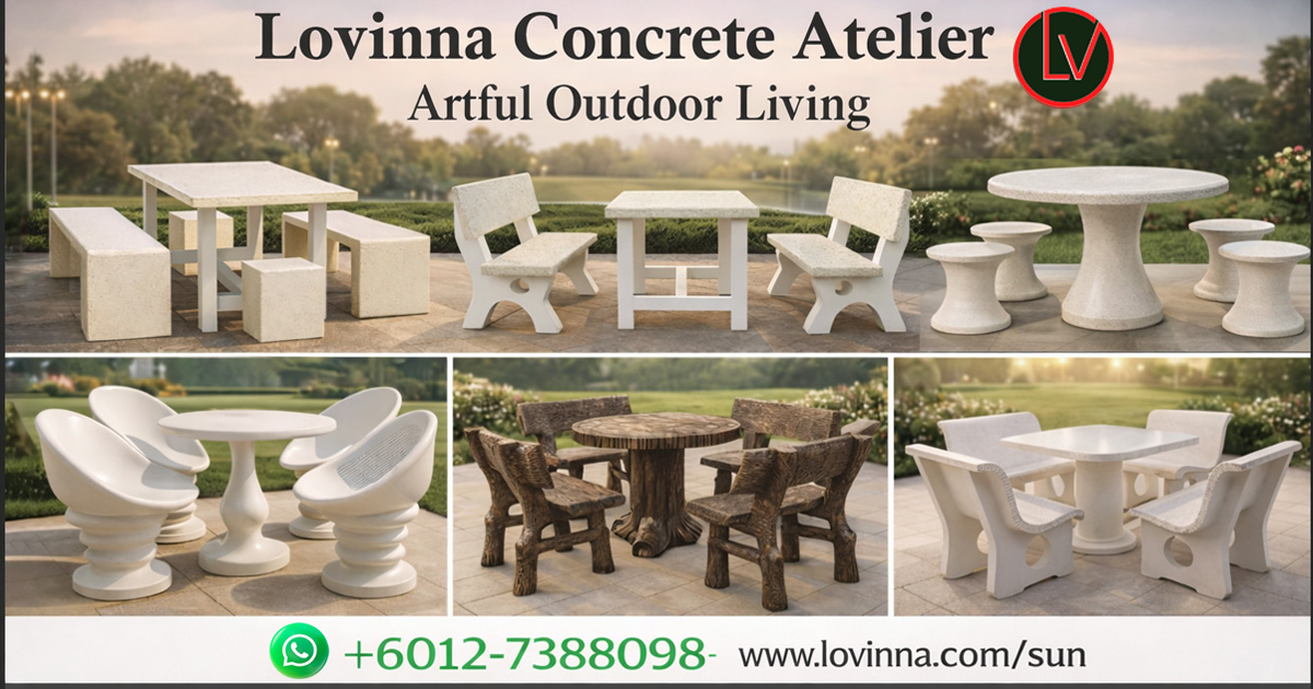 luxury concrete and terrazzo outdoor dining sets arranged in elegant landscaped garden with warm sunset lighting creating a refined resort style atmosphere, smooth sculptural design with solid durable material offering comfortable seating, modern minimalist aesthetic and premium outdoor living experience