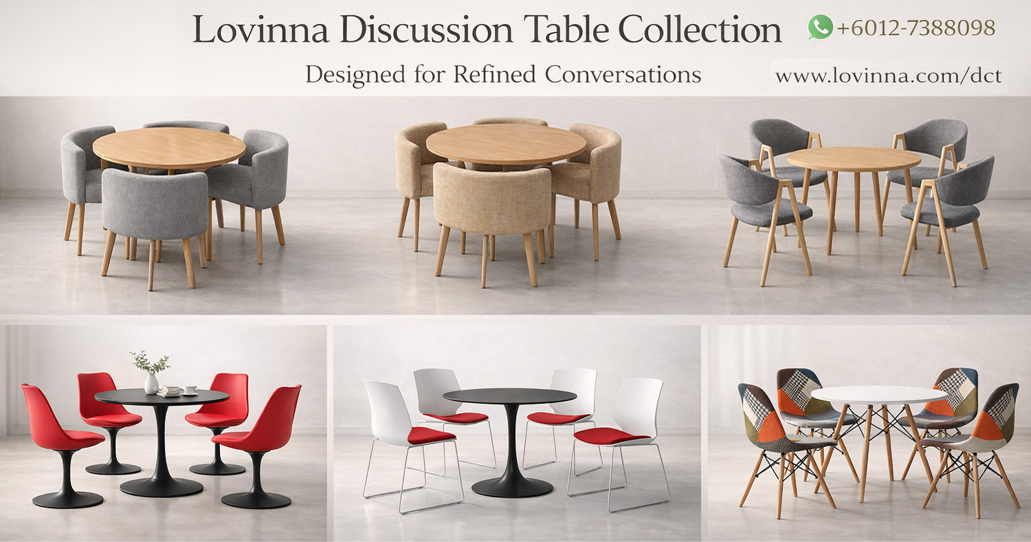 Modern premium discussion table sets arranged in a bright minimalist interior, featuring multiple round tables with matching chairs in well-balanced proportions, creating an elegant and composed atmosphere for refined conversations, with a clean, spacious and comfortable environment ideal for meetings, discussions and casual interactions, presenting a sophisticated, tasteful and high-end commercial setting