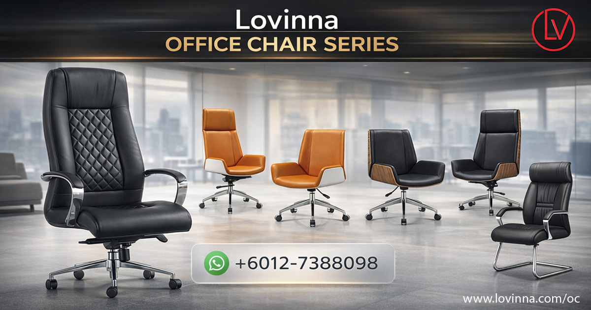 luxury office chair collection displayed in a modern executive office setting with panoramic city view, featuring premium leather chairs in black and warm tan tones, elegant arrangement with balanced spacing creating a high-end corporate atmosphere, ergonomic high-back support with padded armrests and smooth swivel base for maximum comfort, refined stitching details and sturdy chrome legs enhancing durability and professionalism, ideal for director rooms, meeting spaces and upscale work environments conveying prestige, comfort and sophisticated style