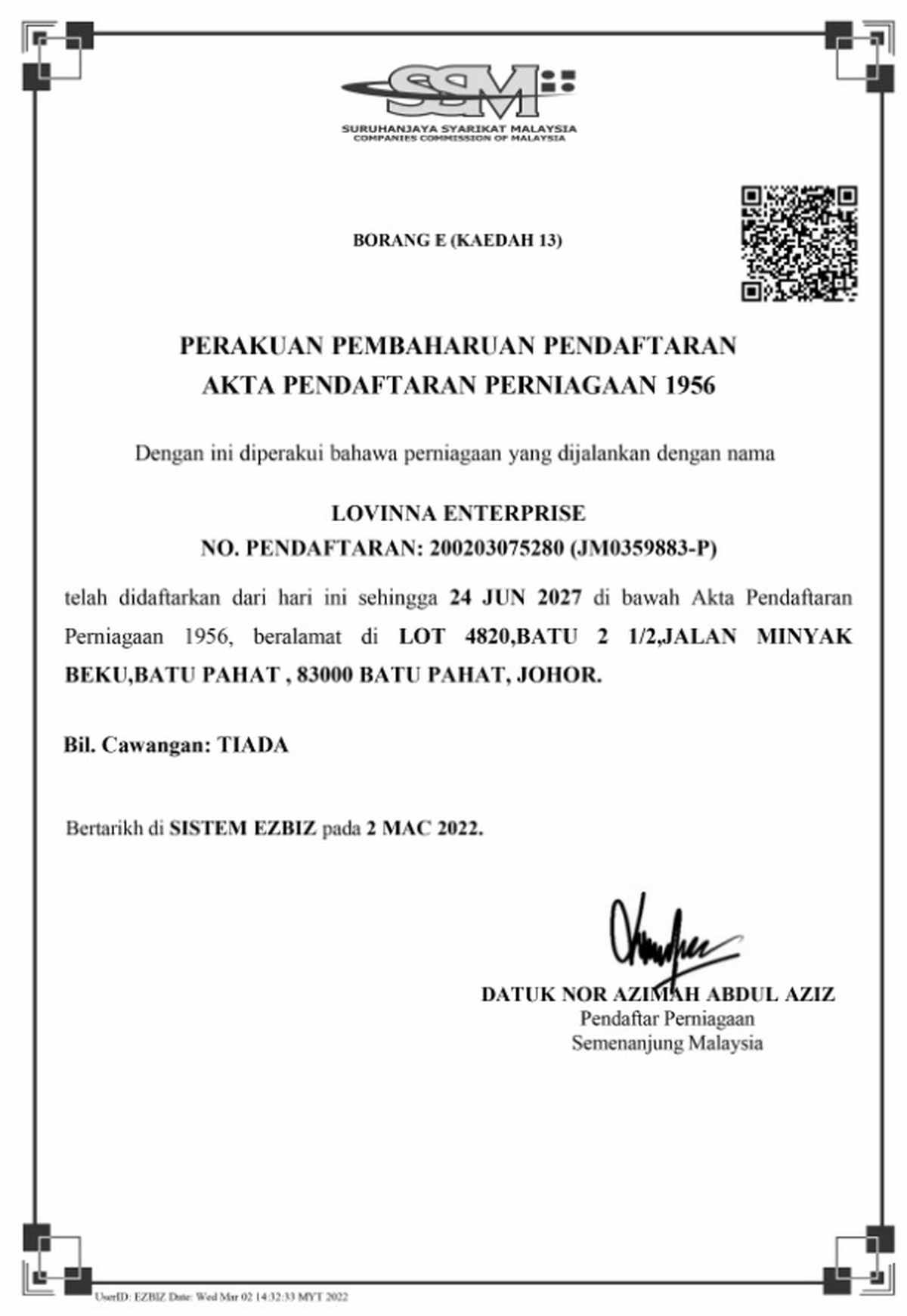 Lovinna Enterprise business registration under Suruhanjaya Syarikat Malaysia