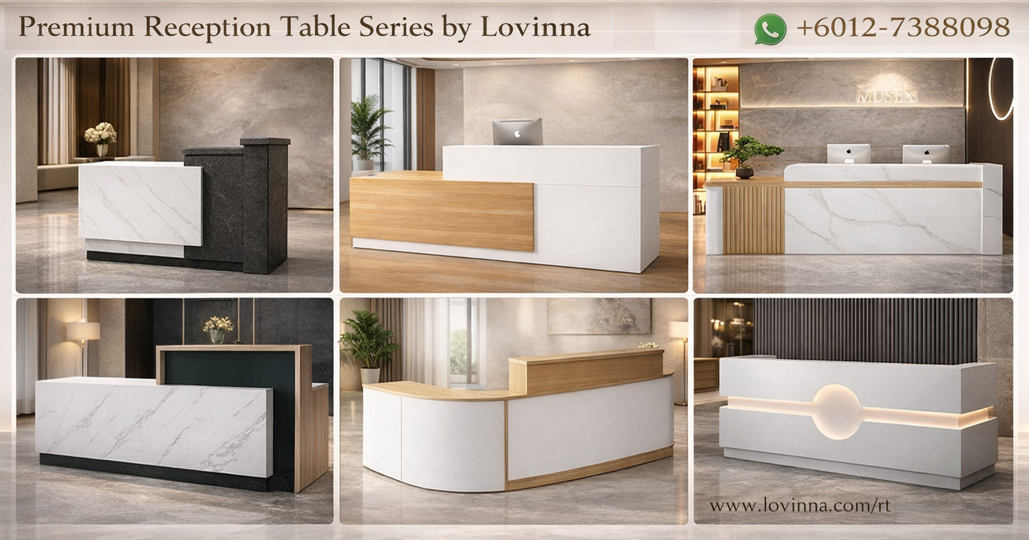 Modern premium reception table series displayed in a spacious and well-lit commercial interior, complemented by elegant stone-textured walls and soft ambient lighting, with a clean and well-balanced layout that enhances visual harmony, creating a professional, refined and welcoming atmosphere, ideal for corporate reception areas, showrooms or executive spaces, delivering a sense of comfort, sophistication and high-end commercial presence