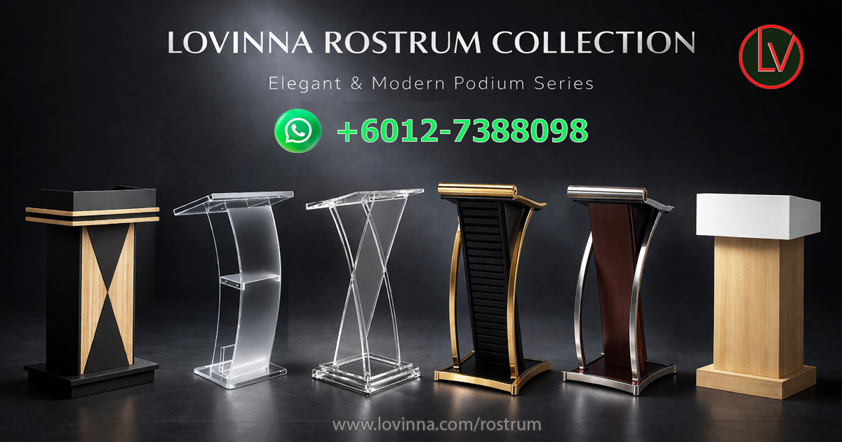 Elegant rostrum collection displayed in a refined presentation setting, modern podium designs arranged in a clean professional environment that conveys prestige, authority and ceremonial presence, ideal for conferences, speeches, academic halls and formal events, creating a dignified atmosphere that reflects professionalism, order and high-end institutional style while maintaining a calm, comfortable and distinguished stage presence.
